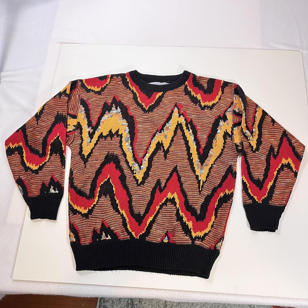 Vintage Gitano Sweater Mens Filigree Coogi Style 3D Knit Pullover USA 80s Cosby